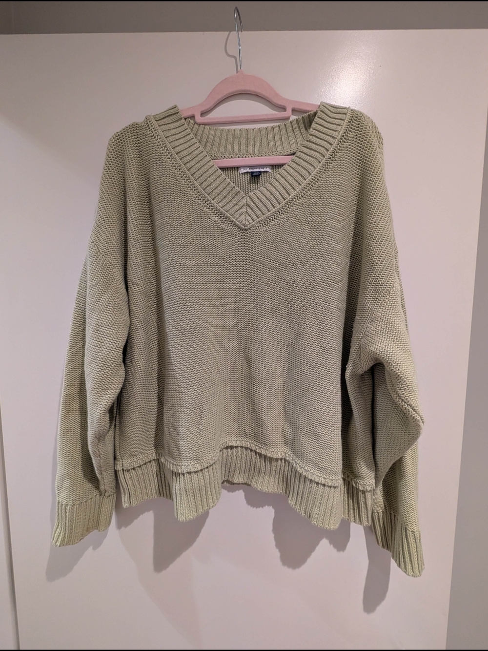100% Cotton Oversized  V-Neck Knit Sweater in Sage Large